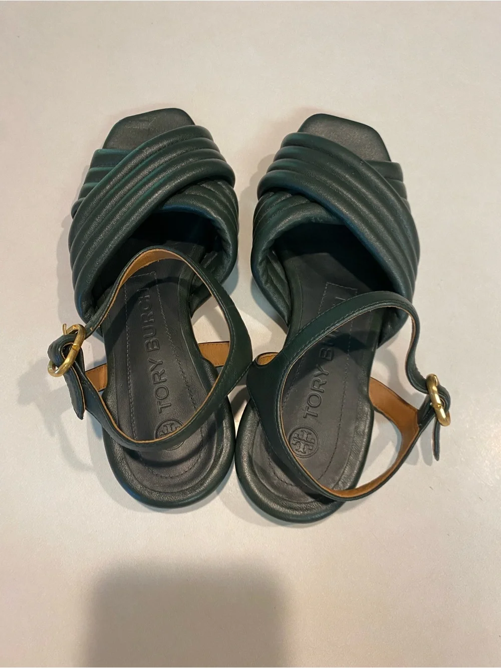 TORY BURCH KIRA QUILTED ANKLE STRAP SANDAL RICH DARK GREEN GOLD HARDWARE SZ 7